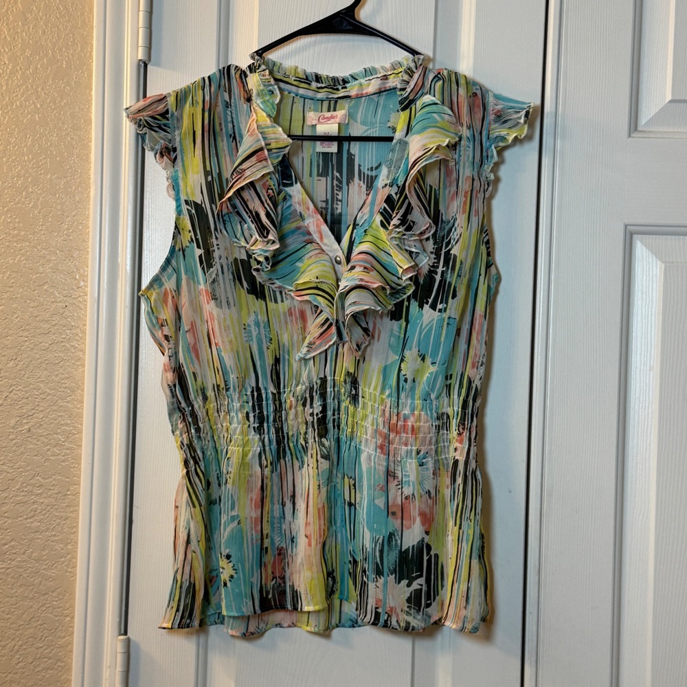 Candie's Multicolor Abstract Print Ruffle Pleated Chiffon Sheer Peplum Size XL